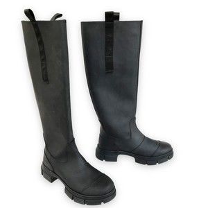 GANNI 39 9 Black Recycled Rubber Country Boots Tall Knee High Rain Lug Sole